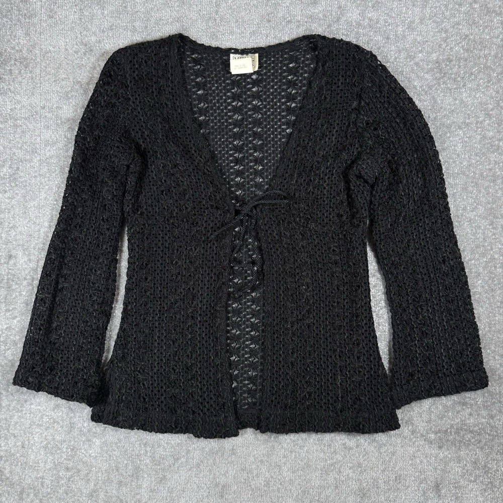 VTG Vital Signs Cardigan Women's Medium Black Open Knit Tie Front Dark Gothic
